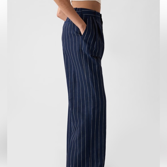 NWT Gap High Rise Linen-Cotton Trousers in Navy Pinstripe - Picture 7 of 9